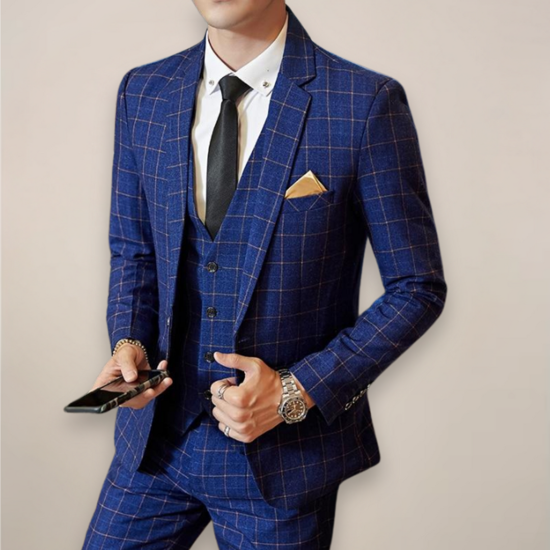 Men's classic plaid three-piece suit for spring formal wear, perfect for business or wedding.