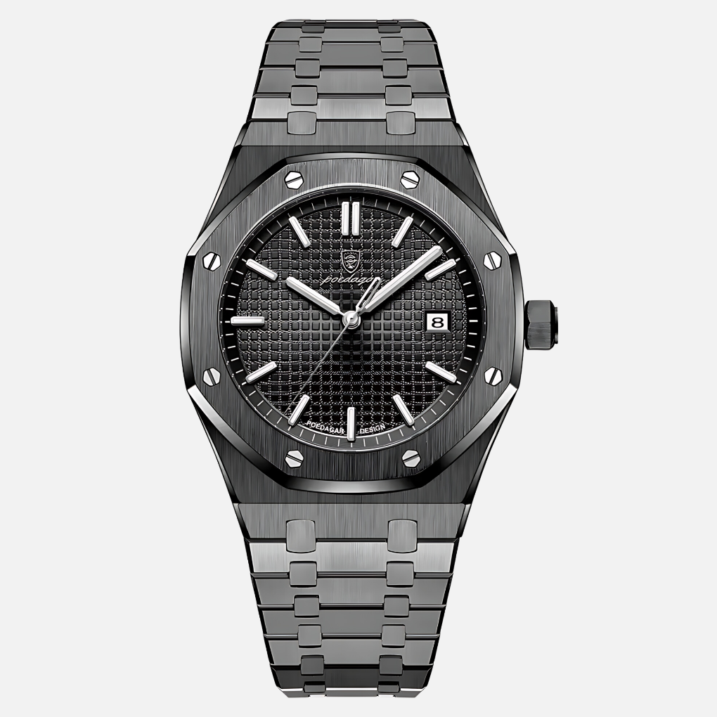 Close-up of a men's sophisticated quartz watch, featuring a classic Roman numeral face & water-resistant design.