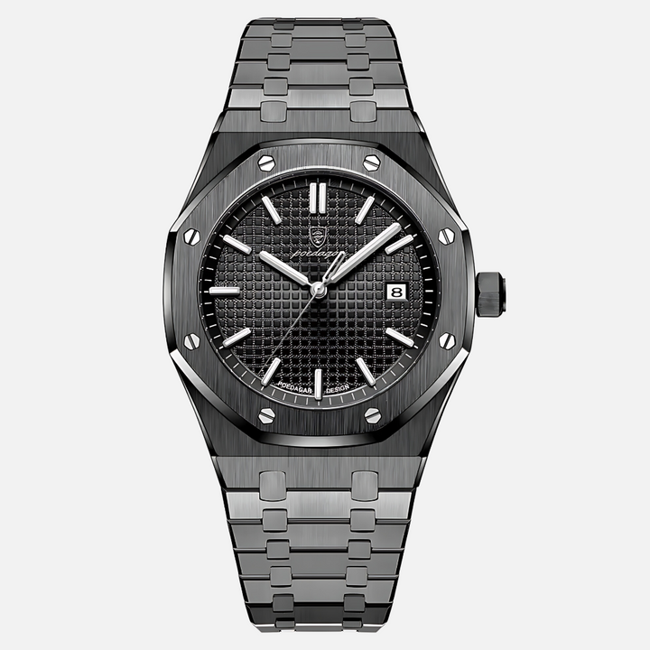 Close-up of a men's sophisticated quartz watch, featuring a classic Roman numeral face & water-resistant design.