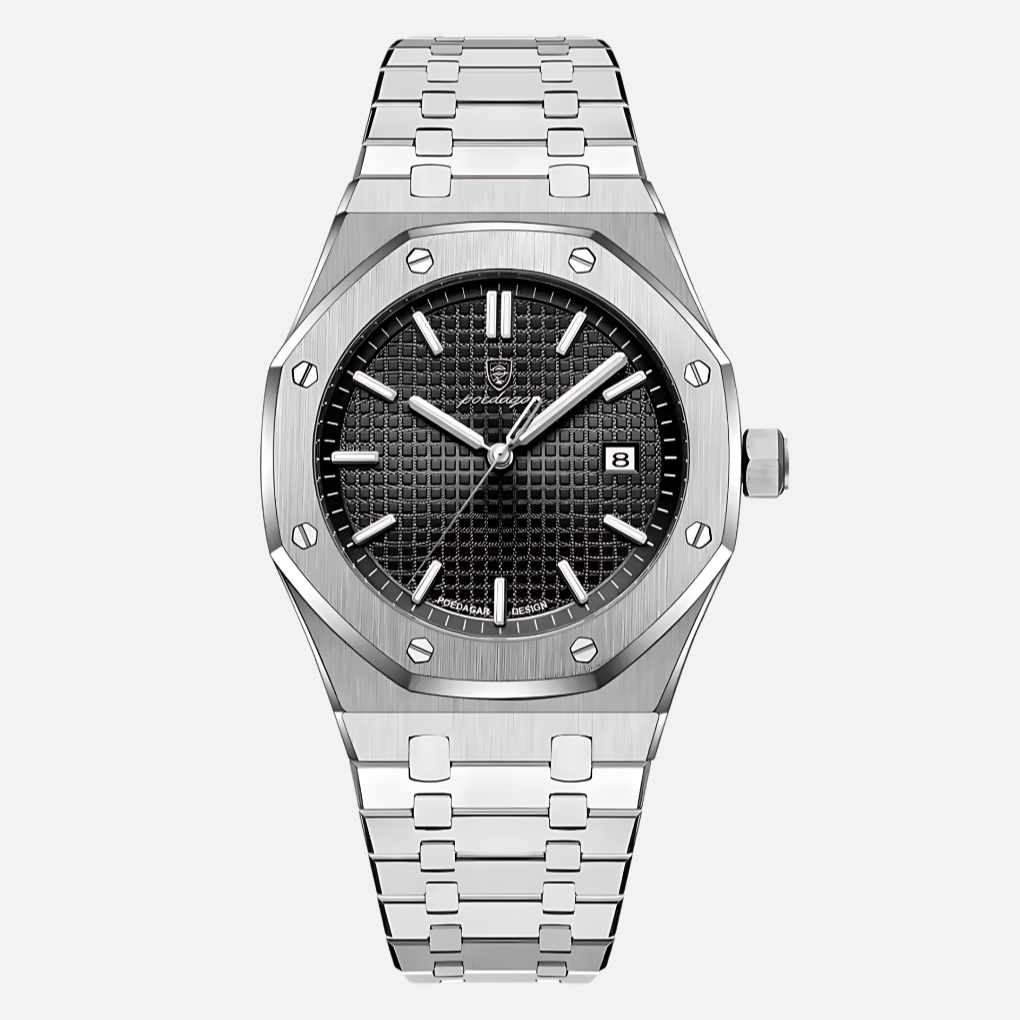 Stylish men's accessory: a classic Roman numeral quartz watch with a sleek design, suitable for fashion-forward men.