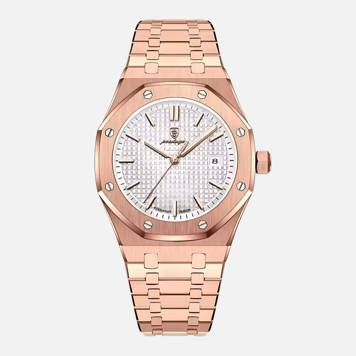 Detailed view of a men's classic quartz watch, highlighting its elegant Roman numeral markers & comfortable strap.