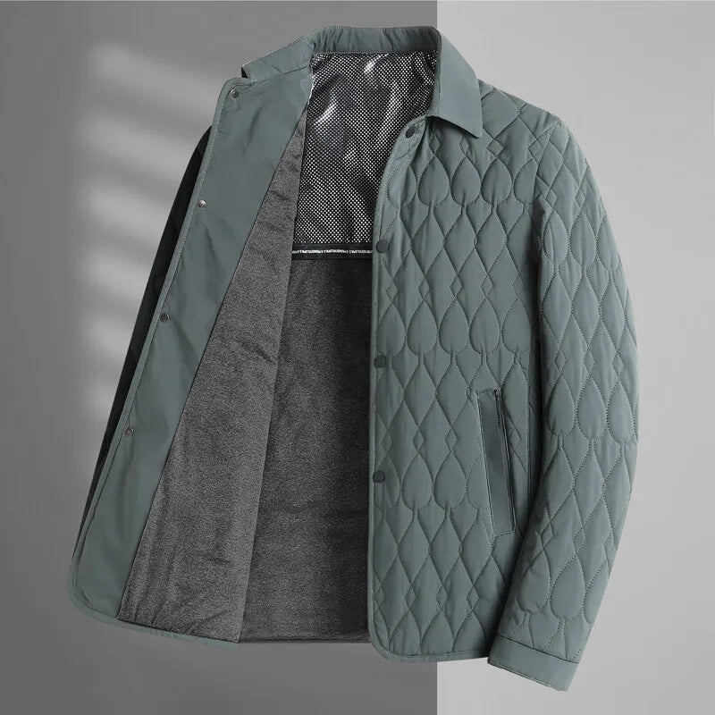 Warm men's quilted button-down jacket, a comfortable winter essential & stylish layering piece.