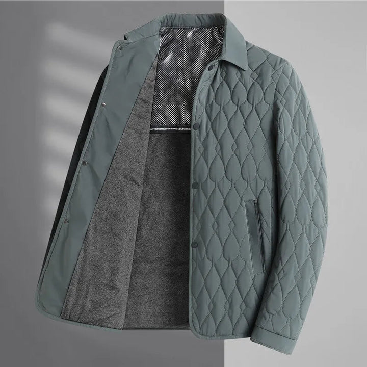Warm men's quilted button-down jacket, a comfortable winter essential & stylish layering piece.