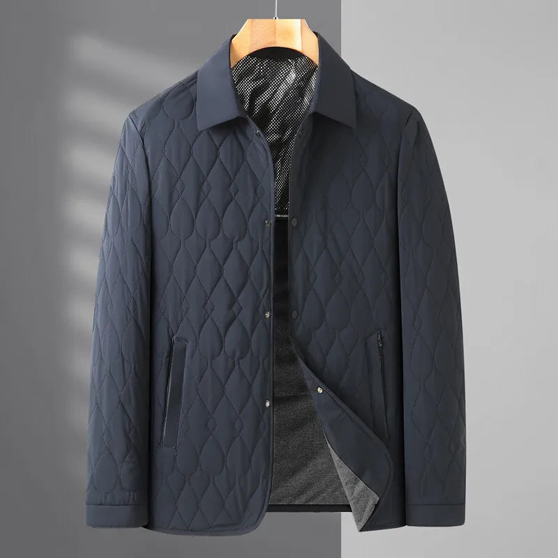 Comfortable men's quilted jacket with button-down front, essential casual outerwear for cool seasons.