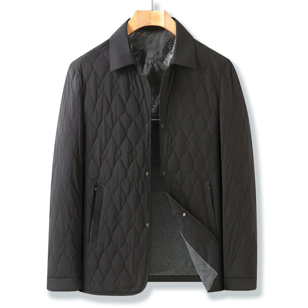 Men's durable quilted button-down jacket, an elegant layering piece for fall and winter style.