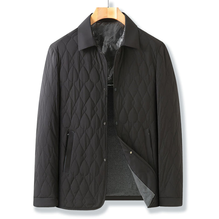 Men's durable quilted button-down jacket, an elegant layering piece for fall and winter style.