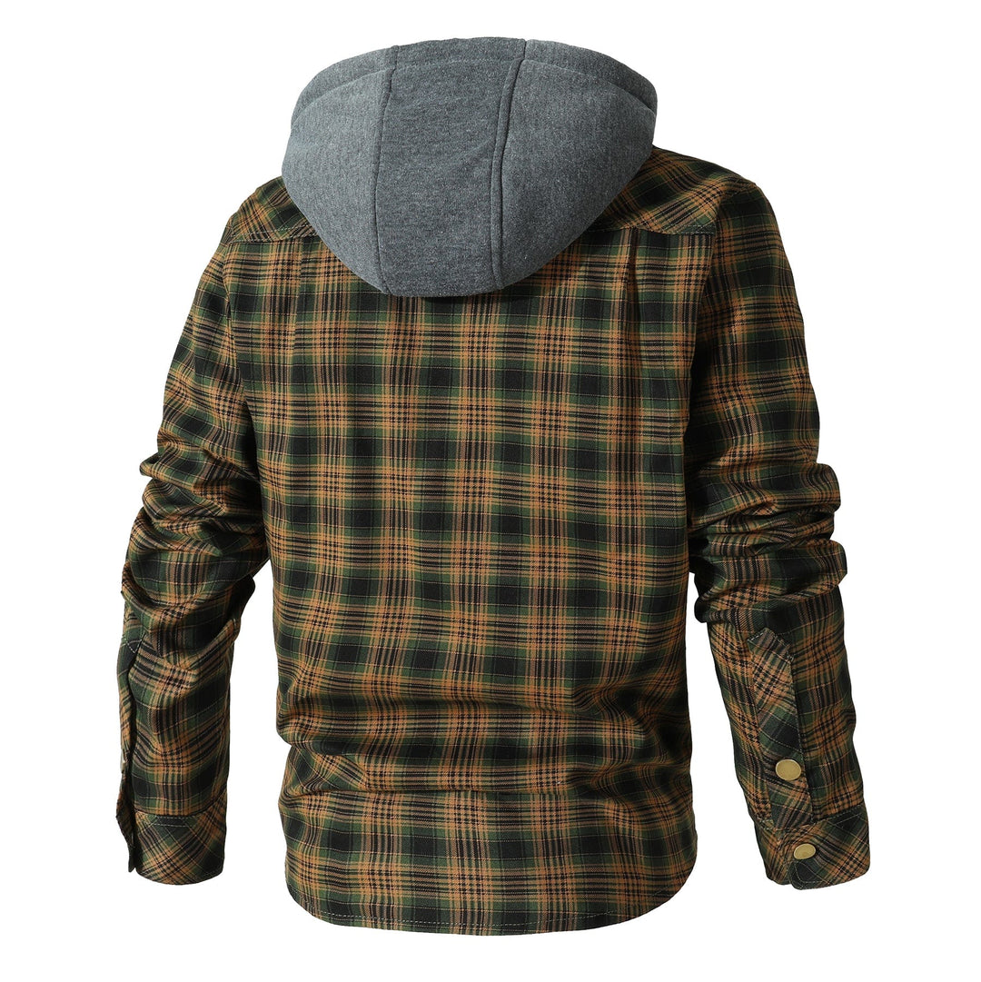 Close-up of the robust snap buttons on a men's hooded flannel jacket, indicating durability & ease of use.