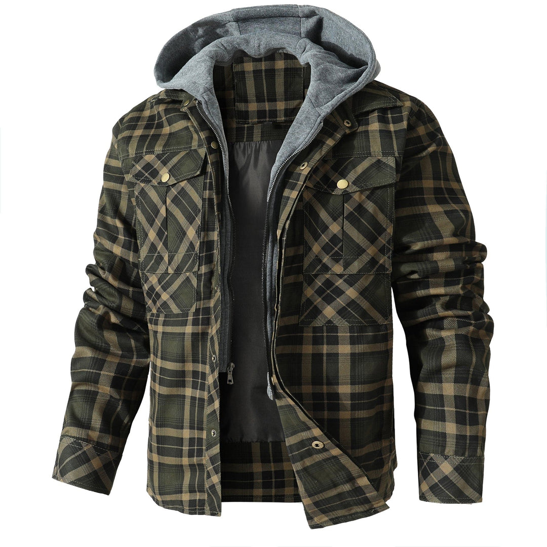 Front view of men's hooded flannel jacket, snap button closure, warm quilted lining for winter.