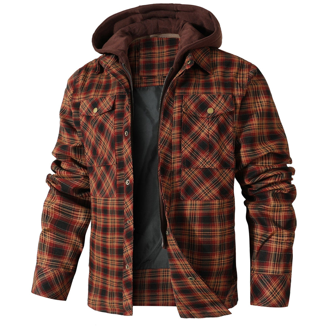 Side profile of men's casual hooded flannel jacket with functional snap buttons and cozy quilted interior.