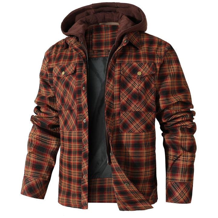 Side profile of men's casual hooded flannel jacket with functional snap buttons and cozy quilted interior.