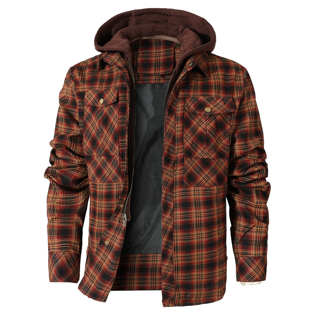 Model wearing a men's hooded flannel jacket, showcasing its relaxed fit and casual fall/winter style.