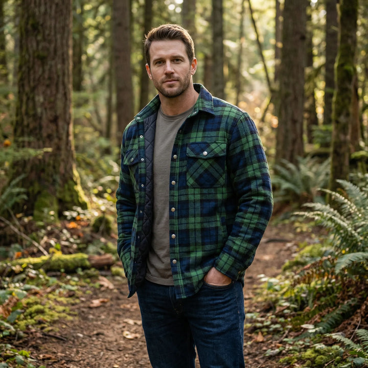 Men's classic red & black plaid lumberjack jacket with snap buttons, ideal for fall/winter warmth.