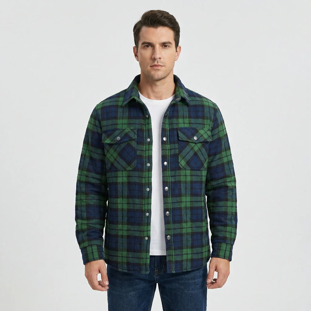 Retro style men's plaid shacket, durable wool blend, perfect casual fall fashion & outdoor wear.