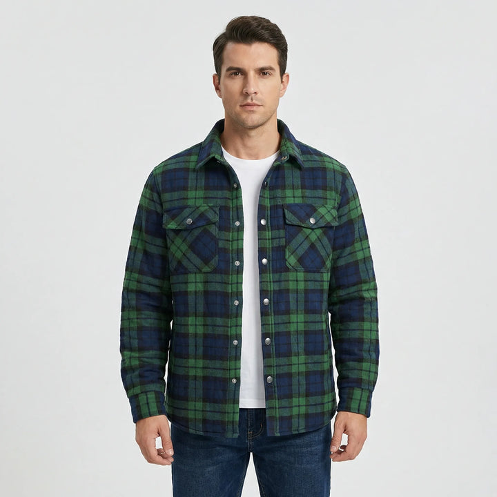 Retro style men's plaid shacket, durable wool blend, perfect casual fall fashion & outdoor wear.