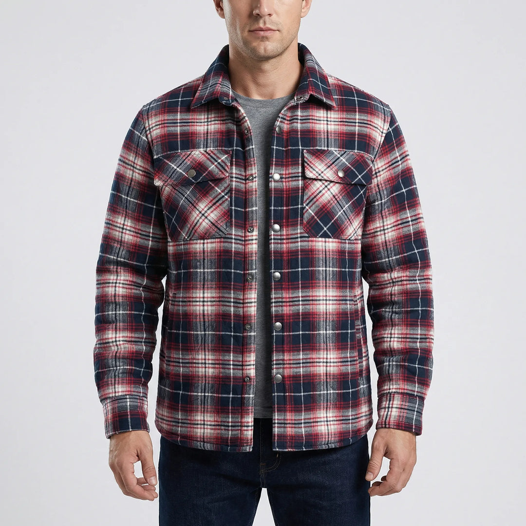 Stylish men's plaid jacket in classic lumberjack style, perfect for fall fashion & outdoor adventures.