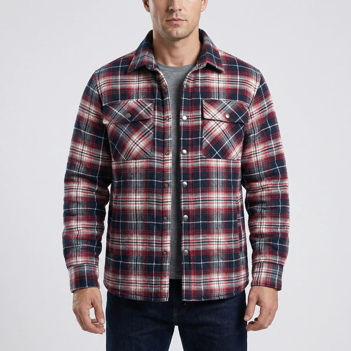 Stylish men's plaid jacket in classic lumberjack style, perfect for fall fashion & outdoor adventures.