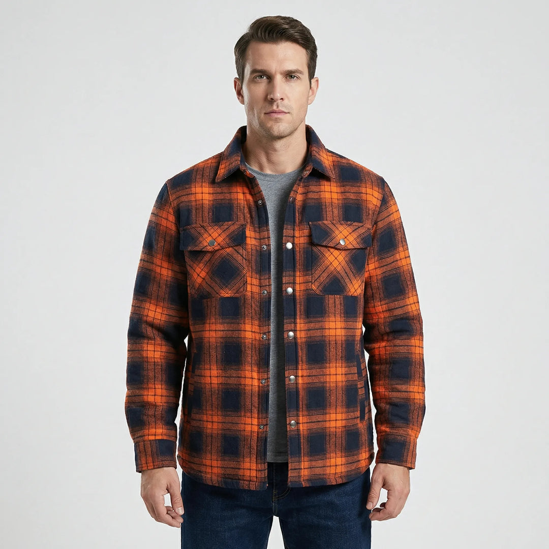 Vintage-inspired men's red plaid jacket, a warm & durable shacket for casual outdoor comfort.