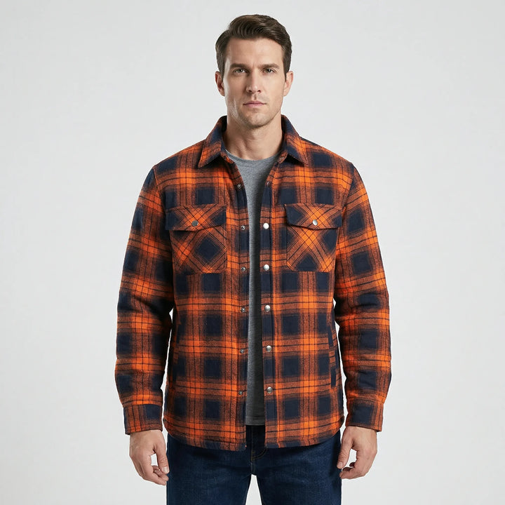 Vintage-inspired men's red plaid jacket, a warm & durable shacket for casual outdoor comfort.