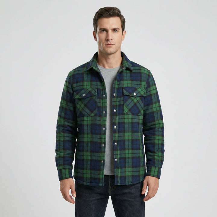 Men's durable plaid lumberjack jacket for warmth, featuring snap closure; great for fall & winter.