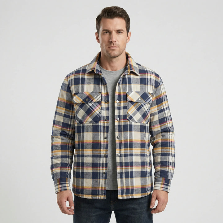 Cozy men's retro plaid jacket, versatile shacket style, ideal for cool weather layering & style.