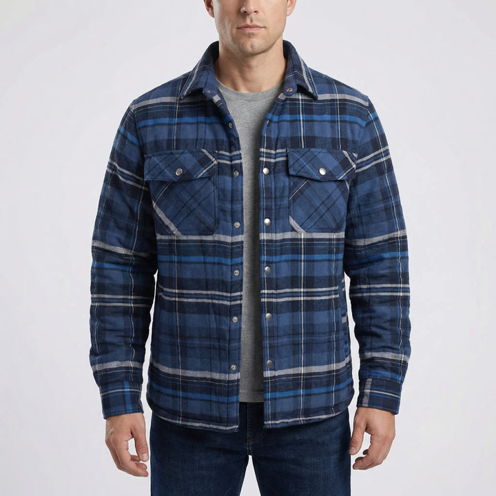 Men's classic plaid lumberjack jacket with quilted lining, snap buttons; comfortable fall/winter outerwear.