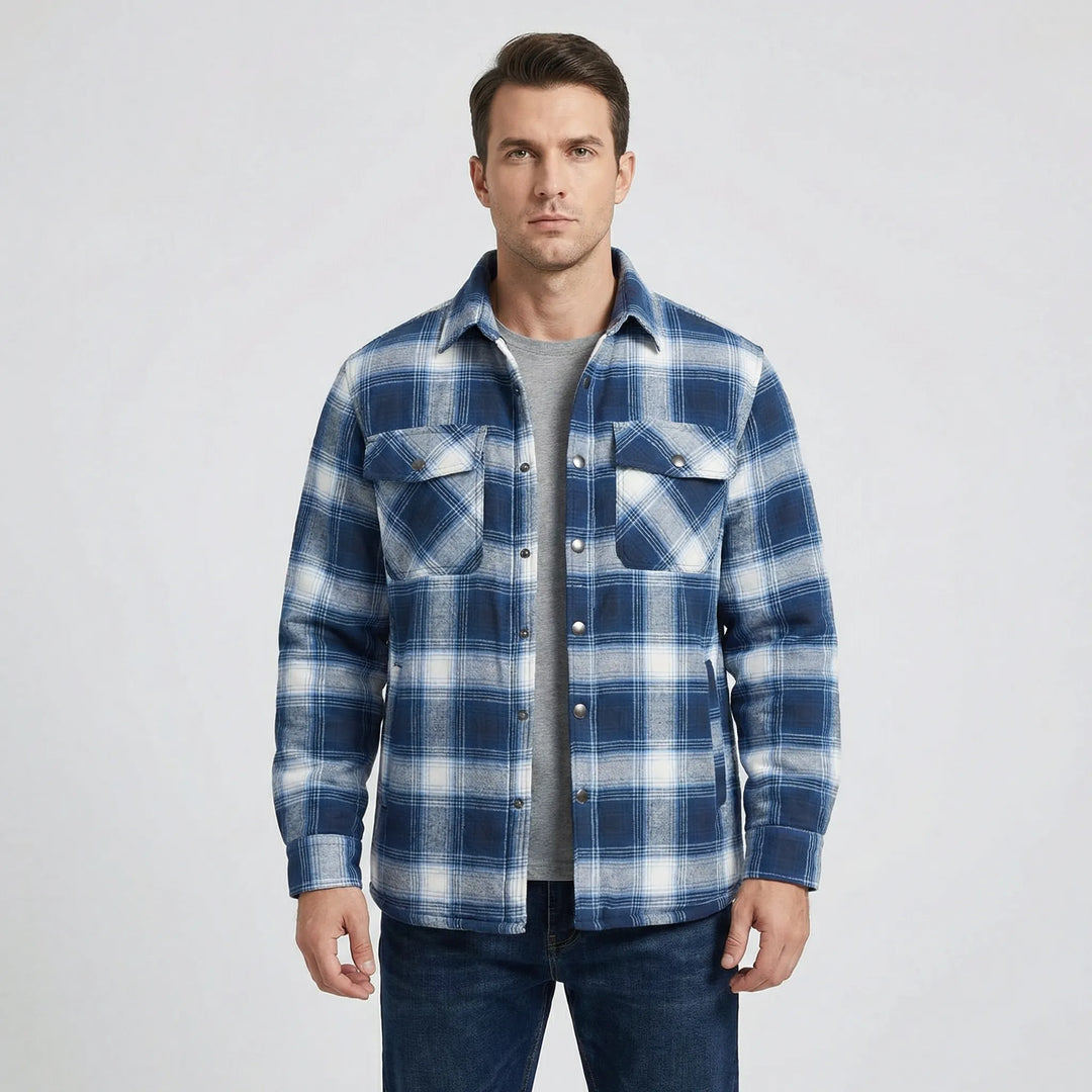 Men's rugged plaid shacket, suitable for outdoor activities, offering warmth & classic lumberjack style.
