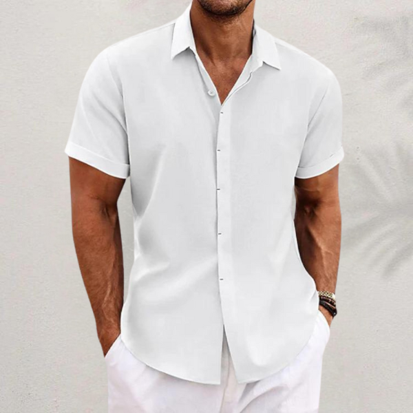 Light blue men's relaxed fit short sleeve button shirt. A classic collar casual shirt for spring & summer.