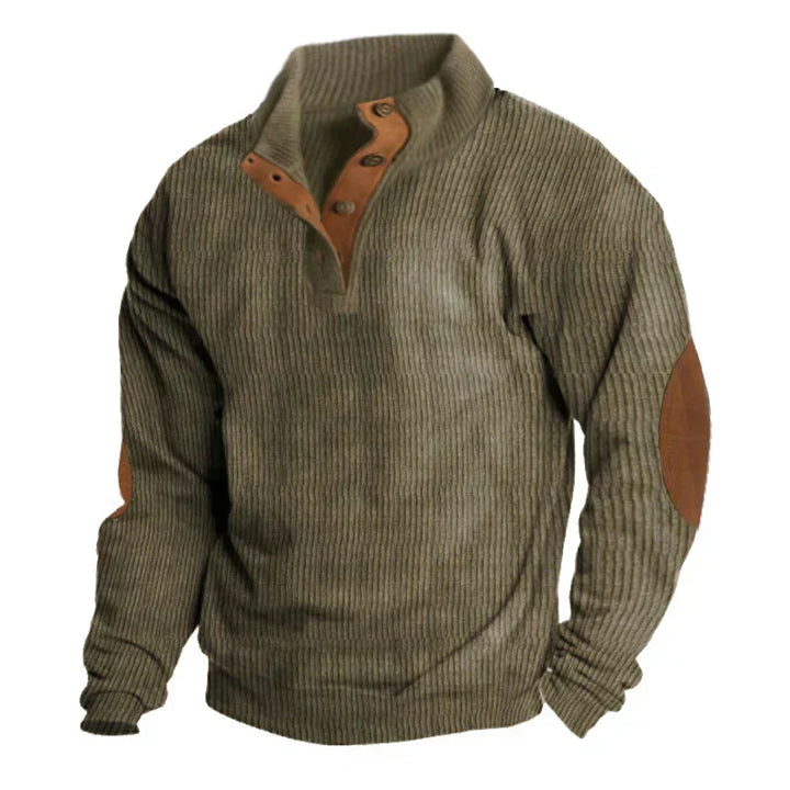 Long-sleeve men's knitwear made from polyester, showcasing ribbed detailing.