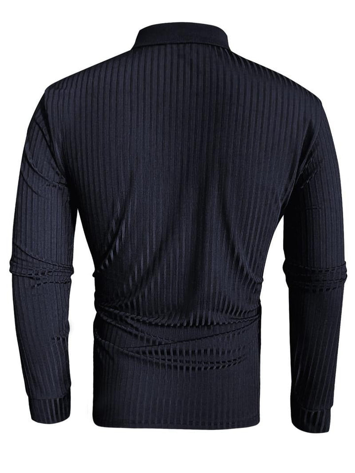 Side view of a men's white ribbed long-sleeve polo shirt, emphasizing its clean and timeless style.