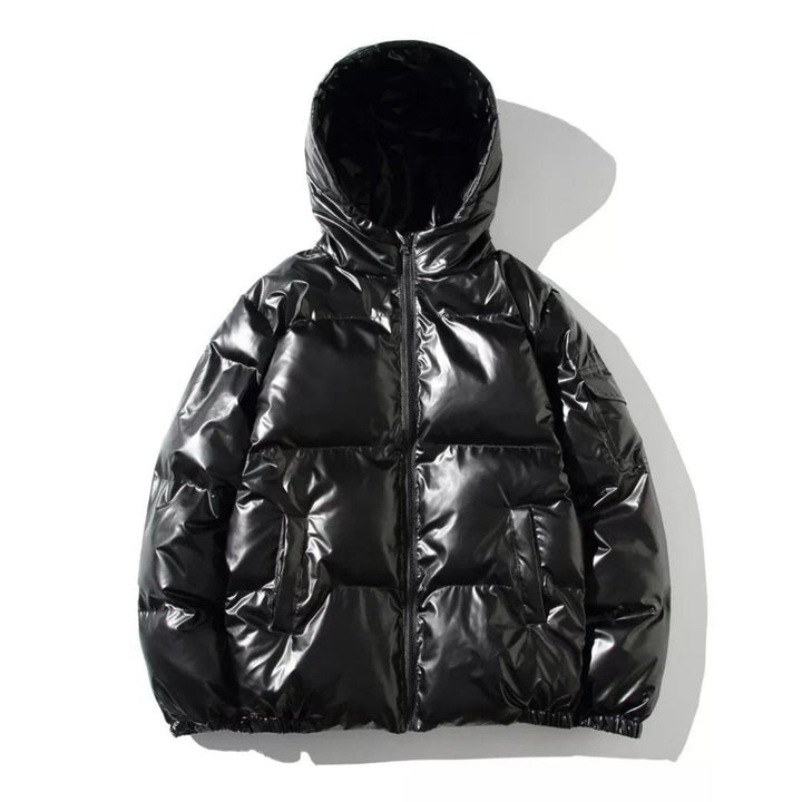 Side profile of men's black shiny puffer jacket, showcasing fit and quilted details.