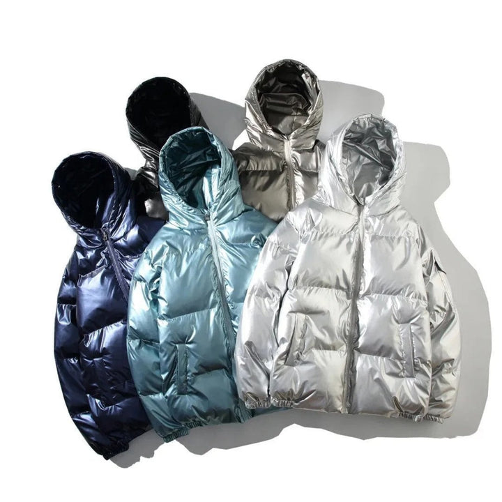 Back view of men's classic shiny black puffer jacket, quilted pattern visible.
