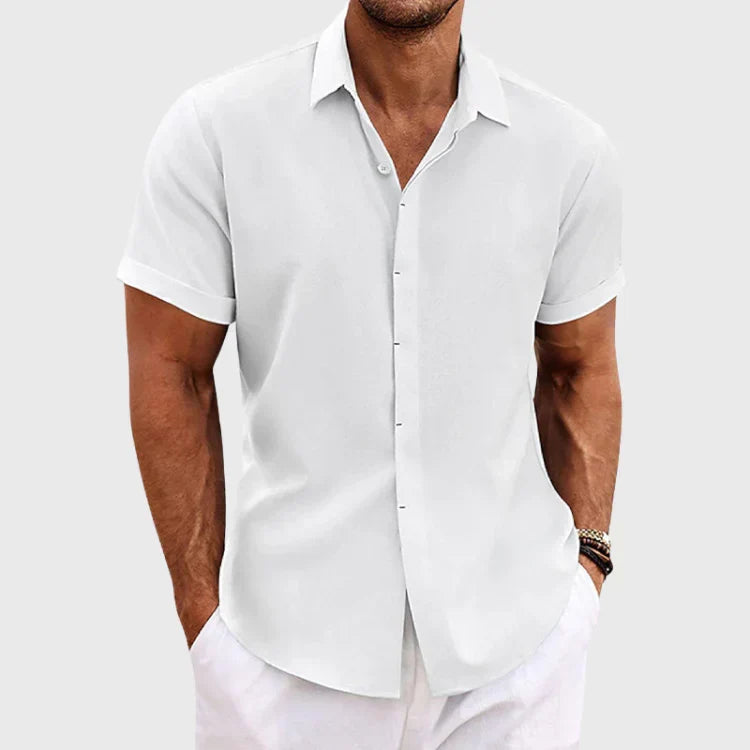 Modern men's button-up short sleeve shirt, collared for a smart casual summer look.