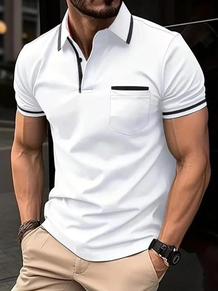 Men's classic short sleeve polo shirt with chest pocket. Versatile for casual, professional, or everyday wear.