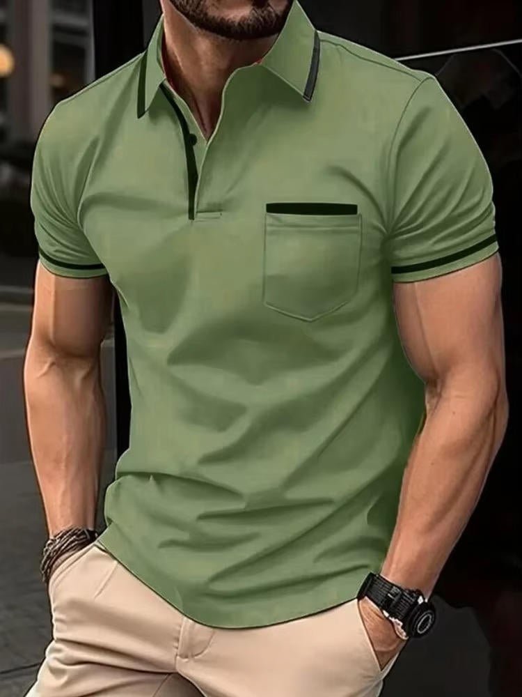 Versatile men's short sleeve polo shirt with chest pocket. Great for work, casual outings, or a classic professional look.
