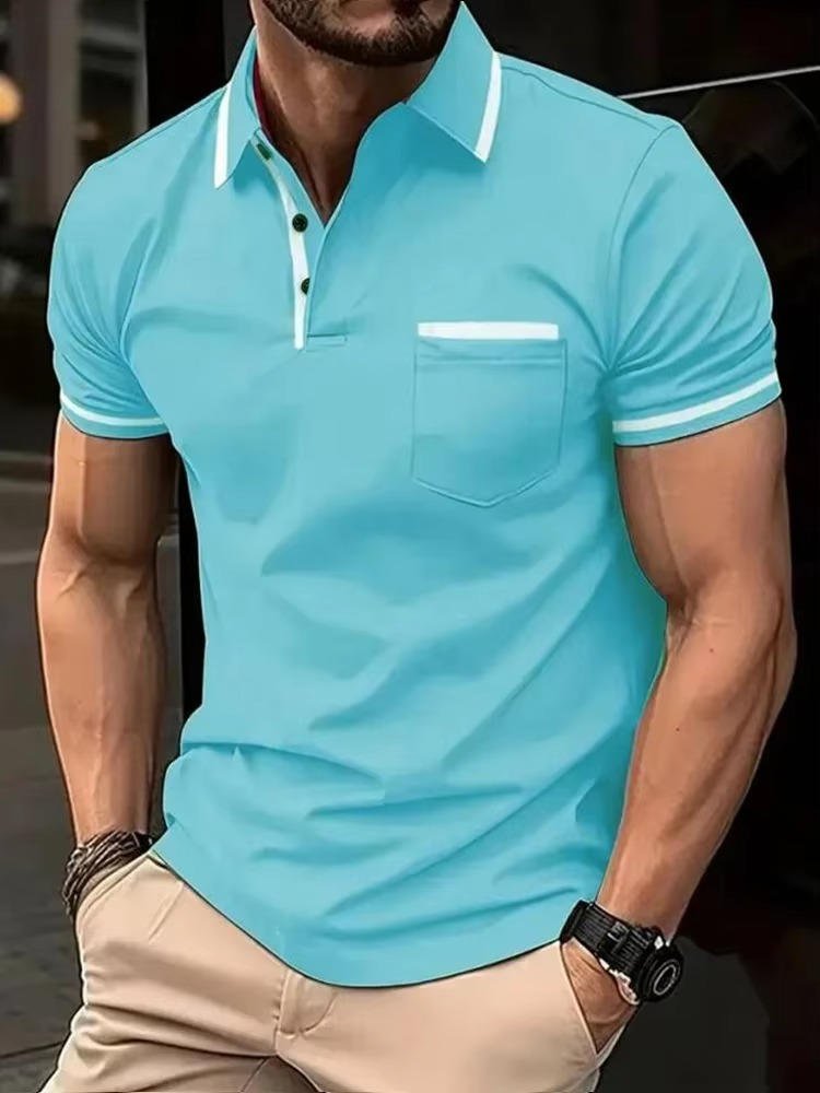 Stylish men's short sleeve polo shirt, comfortable for summer. Features a practical chest pocket & professional look.