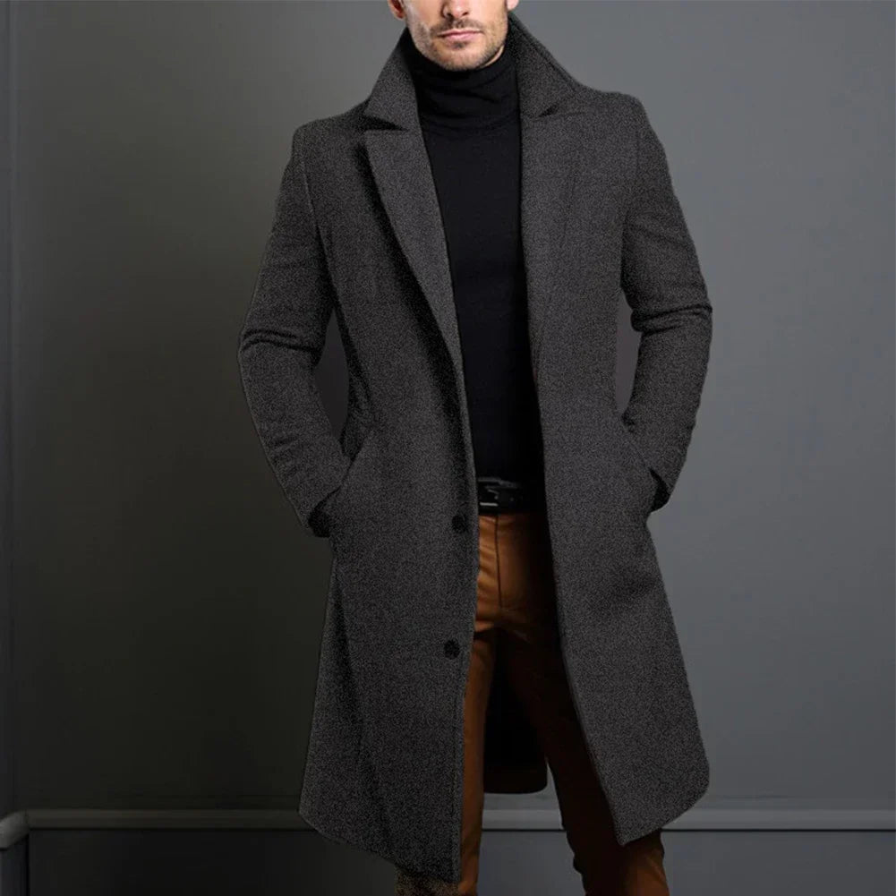 Elegant khaki men's trench coat, single-breasted, ideal outerwear for smart casual looks and classic style.