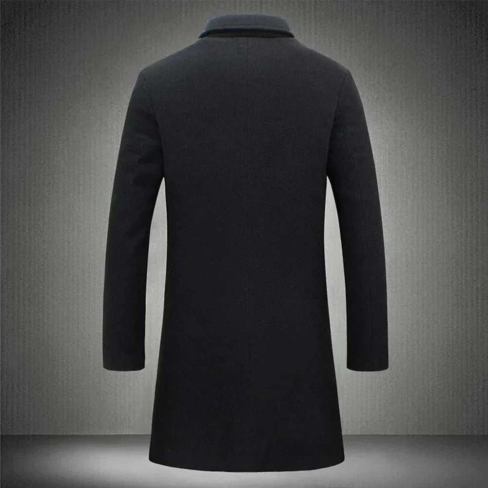 Stylish black men's overcoat, single-breasted, perfect for formal events or modern smart casual fashion.