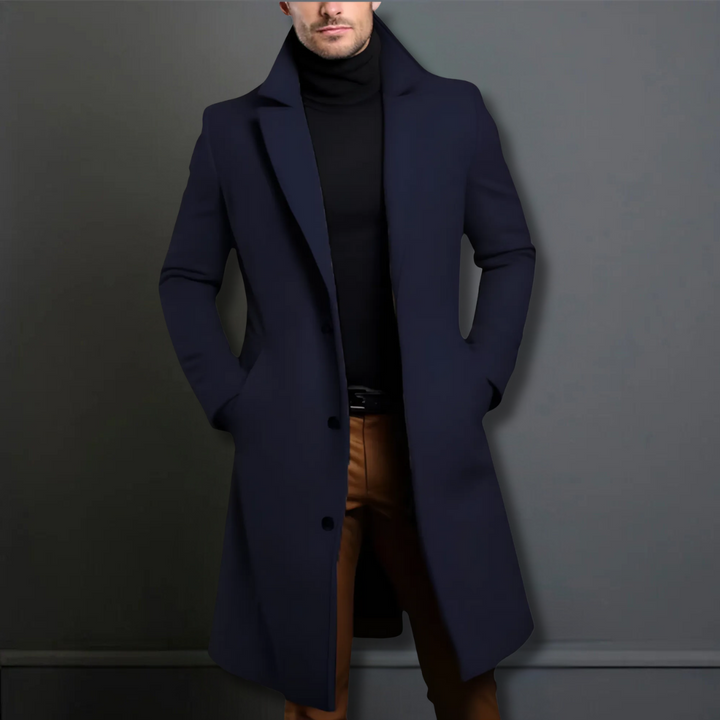 Dark blue men's tailored overcoat, classic single-breasted design, suitable for business and elegant style.