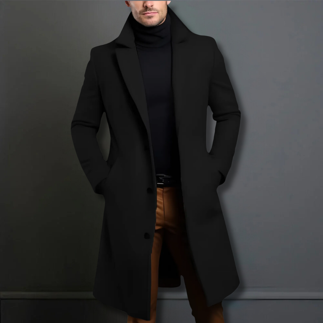 Men's long single-breasted trench coat in a classic style, perfect outerwear for modern men's fashion.