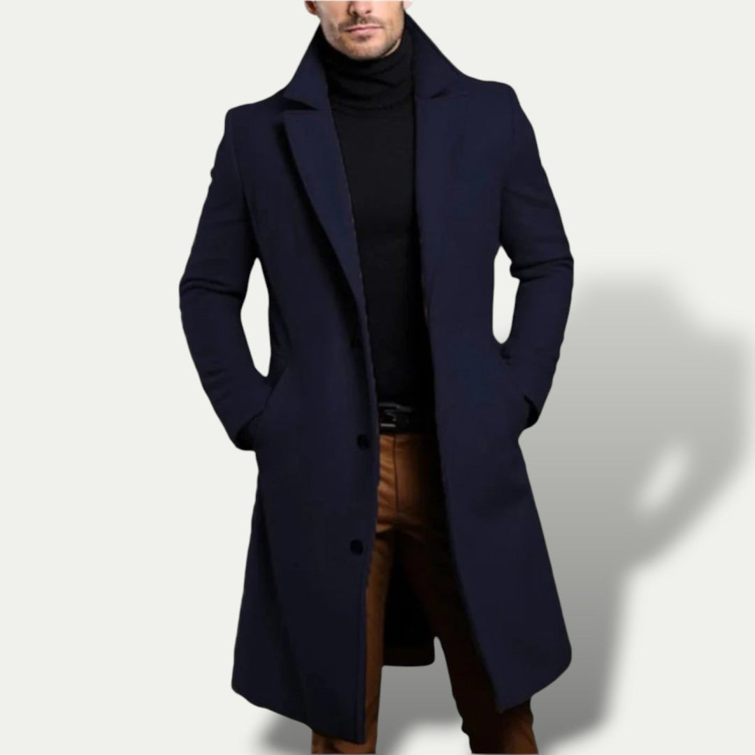 Men's classic single-breasted trench coat in a tailored fit, perfect for formal or casual autumn/winter style.
