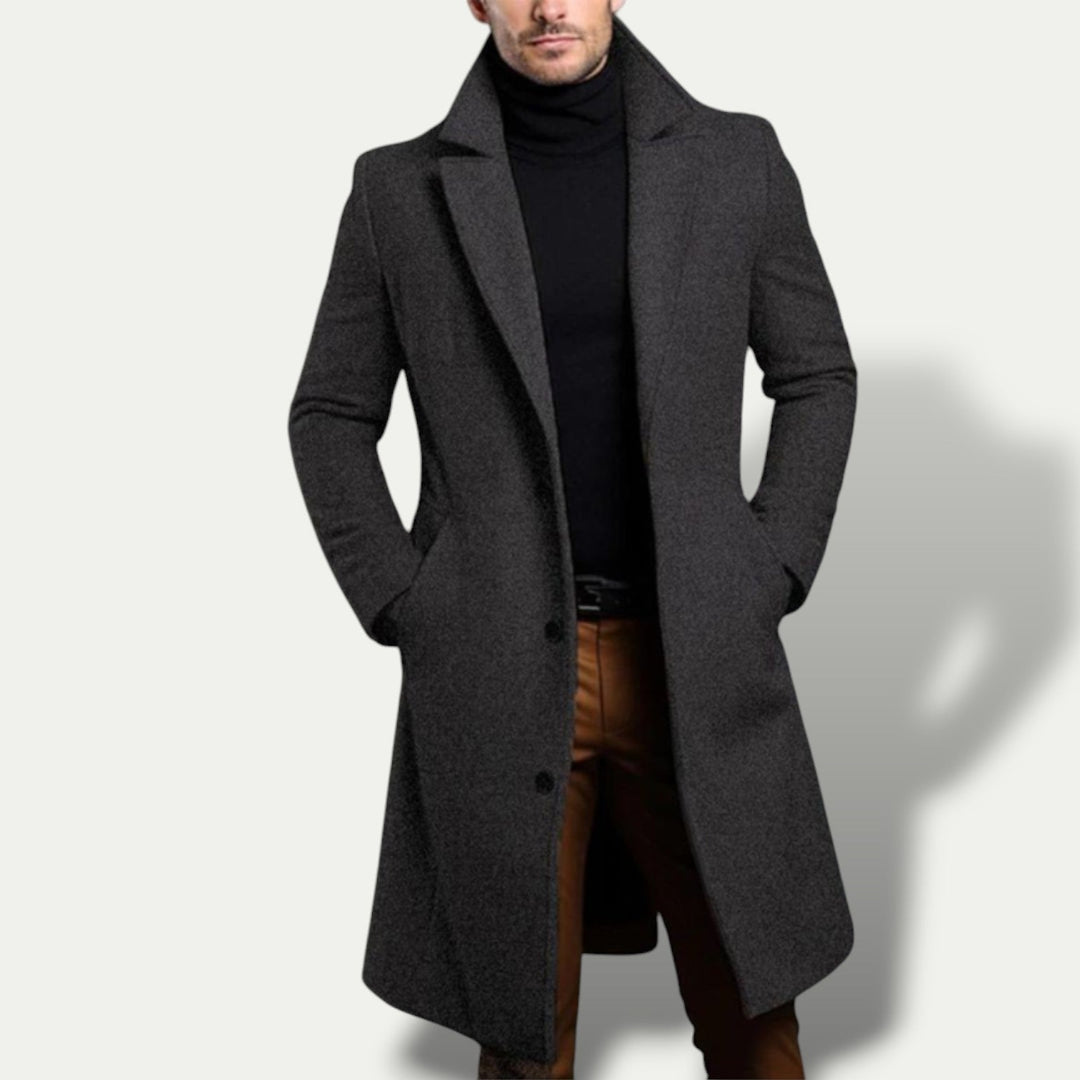 Stylish men's long overcoat, single-breasted design, offering timeless classic outerwear for all seasons.