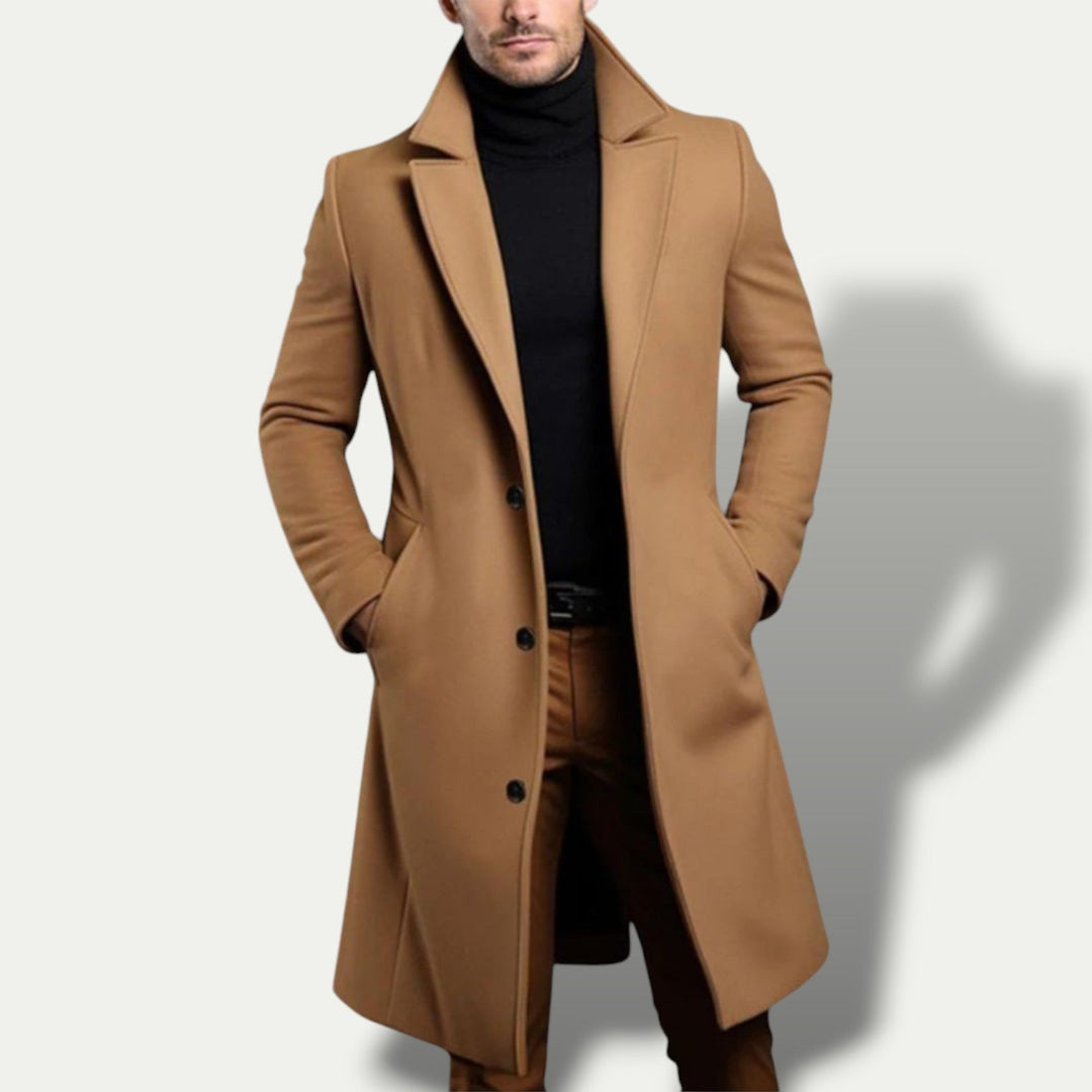 Formal men's single-breasted long coat. A versatile trench coat for a stylish, tailored fit over any outfit.