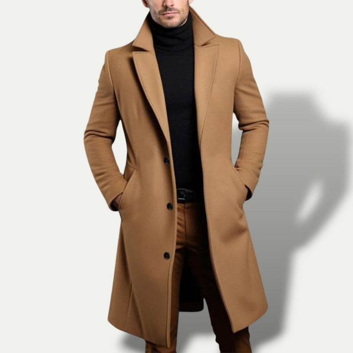 Formal men's single-breasted long coat. A versatile trench coat for a stylish, tailored fit over any outfit.