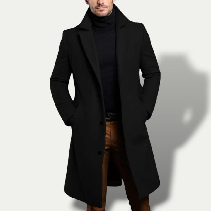 Timeless men's long coat, single-breasted trench style, classic outerwear for versatile casual and formal menswear.