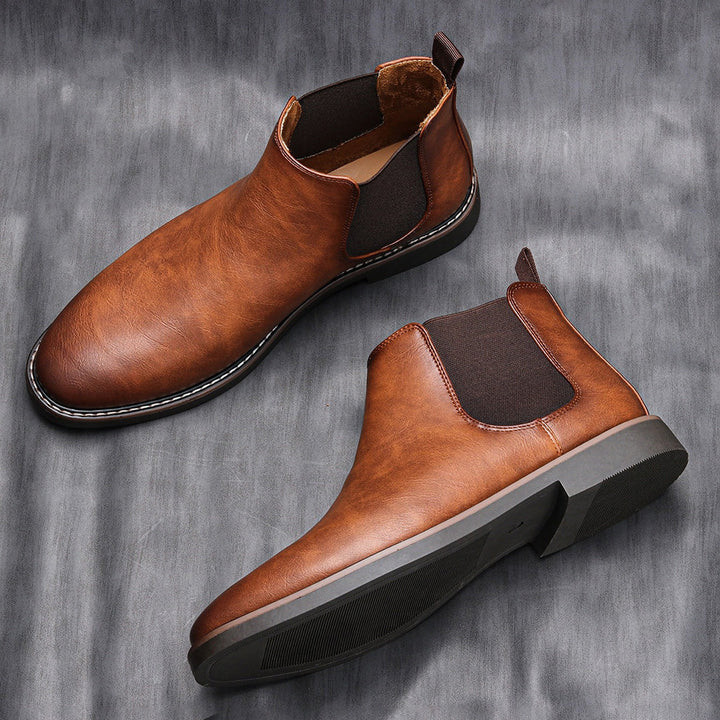 Men's dressy Chelsea Boots, vintage tan leather, side profile, ideal for smart casual outfits