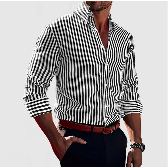 Stylish men's button-down shirt with a timeless stripe pattern, perfect for casual or dress wear.