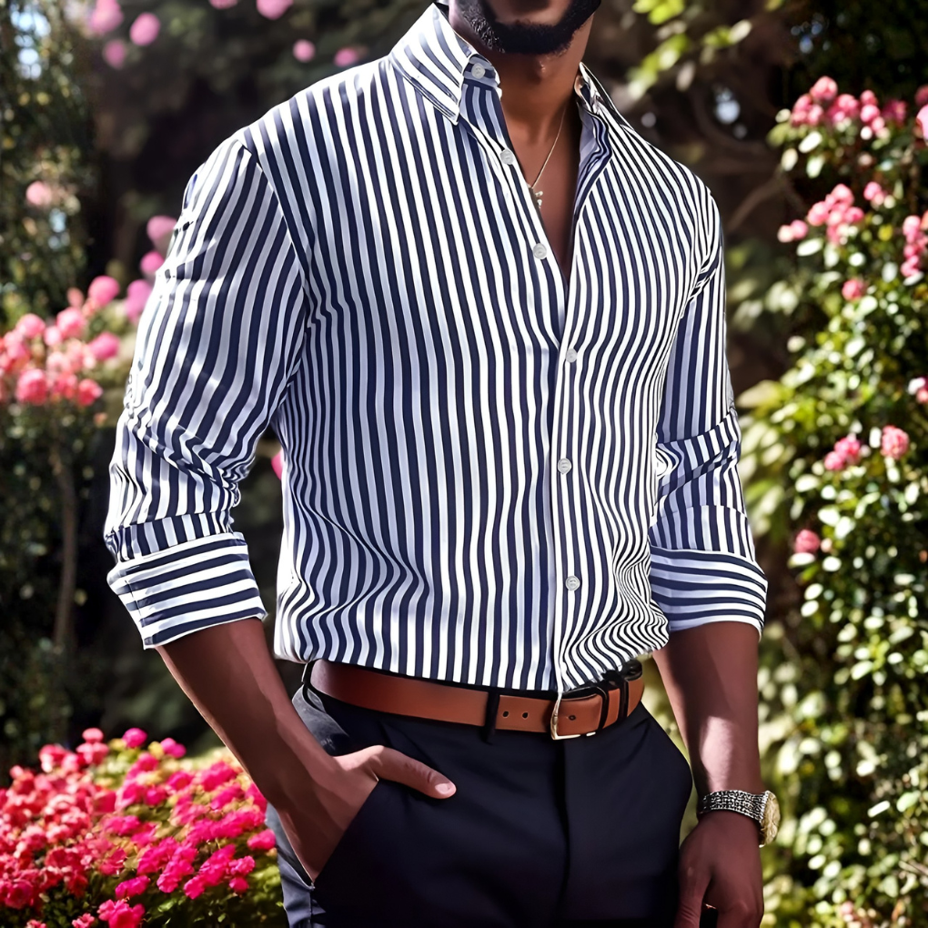 Men's classic striped button-up shirt, long sleeve, versatile for smart casual, office wear, and everyday fashion.