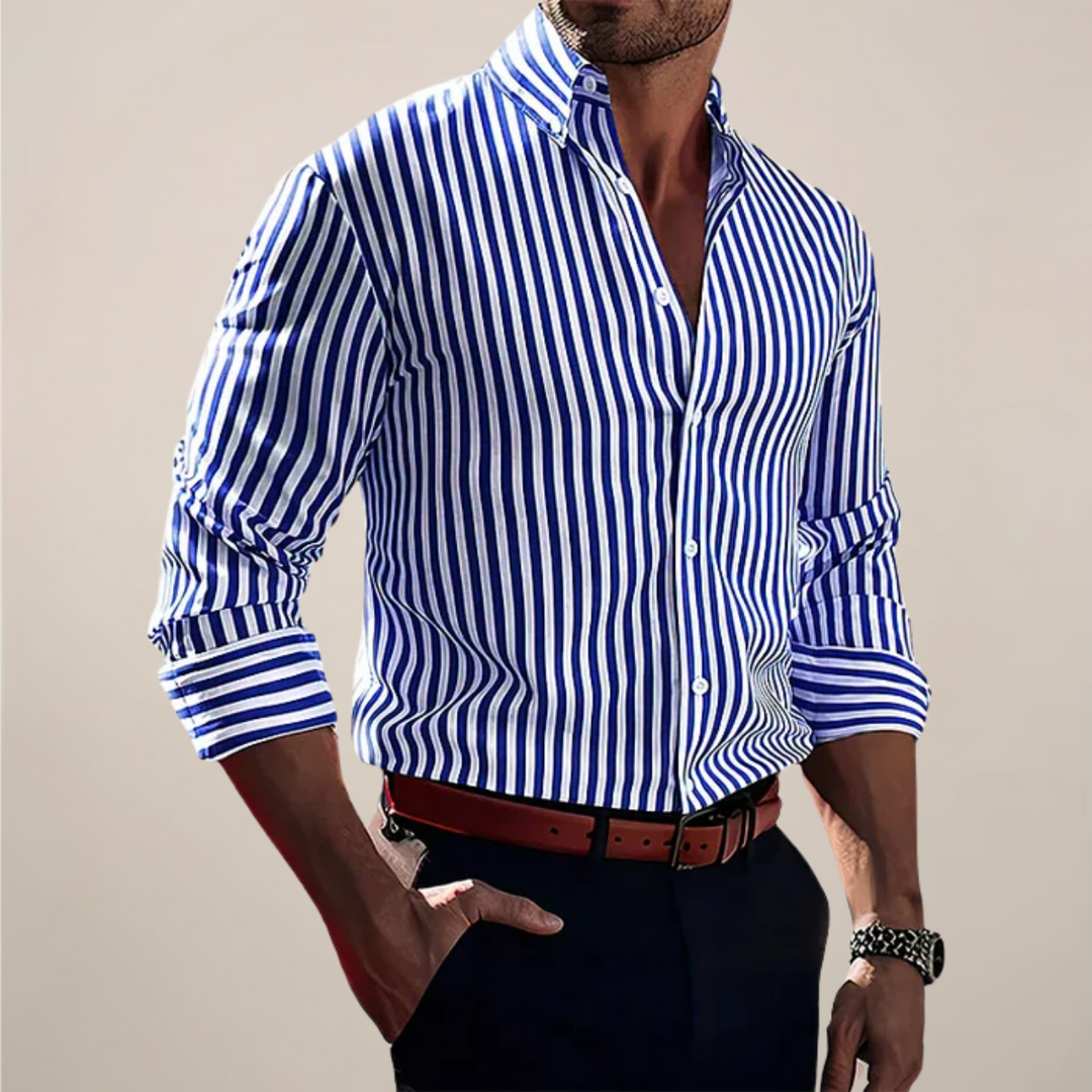 Men's classic striped long sleeve button-up shirt for smart casual or business attire. Versatile menswear.