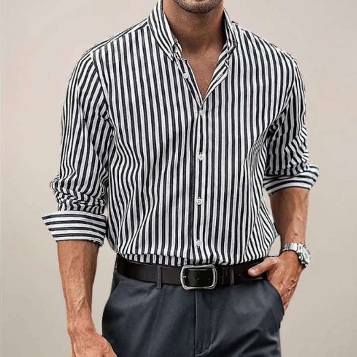 Sophisticated men's striped long sleeve dress shirt. Perfect for versatile everyday smart casual or business wear.