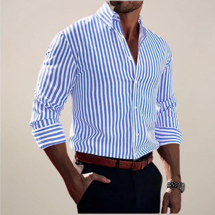 Stylish men's striped long sleeve button-up shirt in a classic pattern. Great for sophisticated smart casual looks.